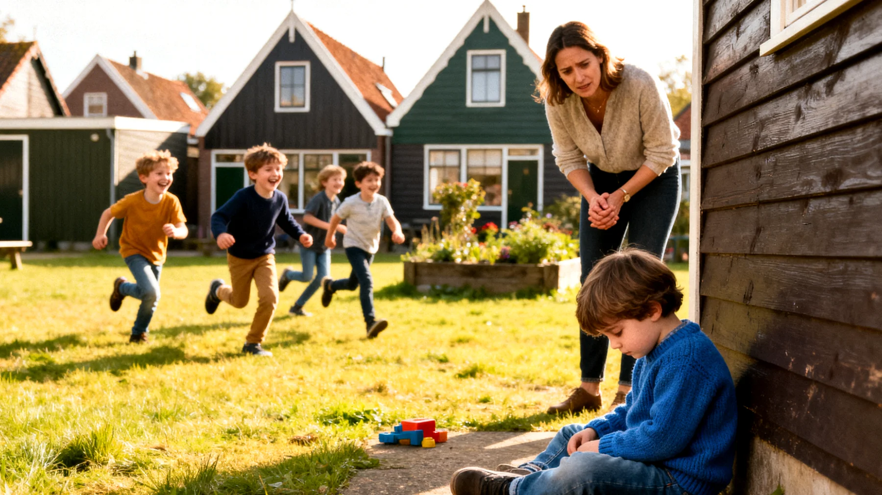 Moeder maakt zich zorgen over de verlegenheid en het sociale isolement van haar jonge kind, dat moeite heeft met het maken van vriendjes, zich terugtrekt in sociale situaties en weinig deelneemt aan groepsactiviteiten"