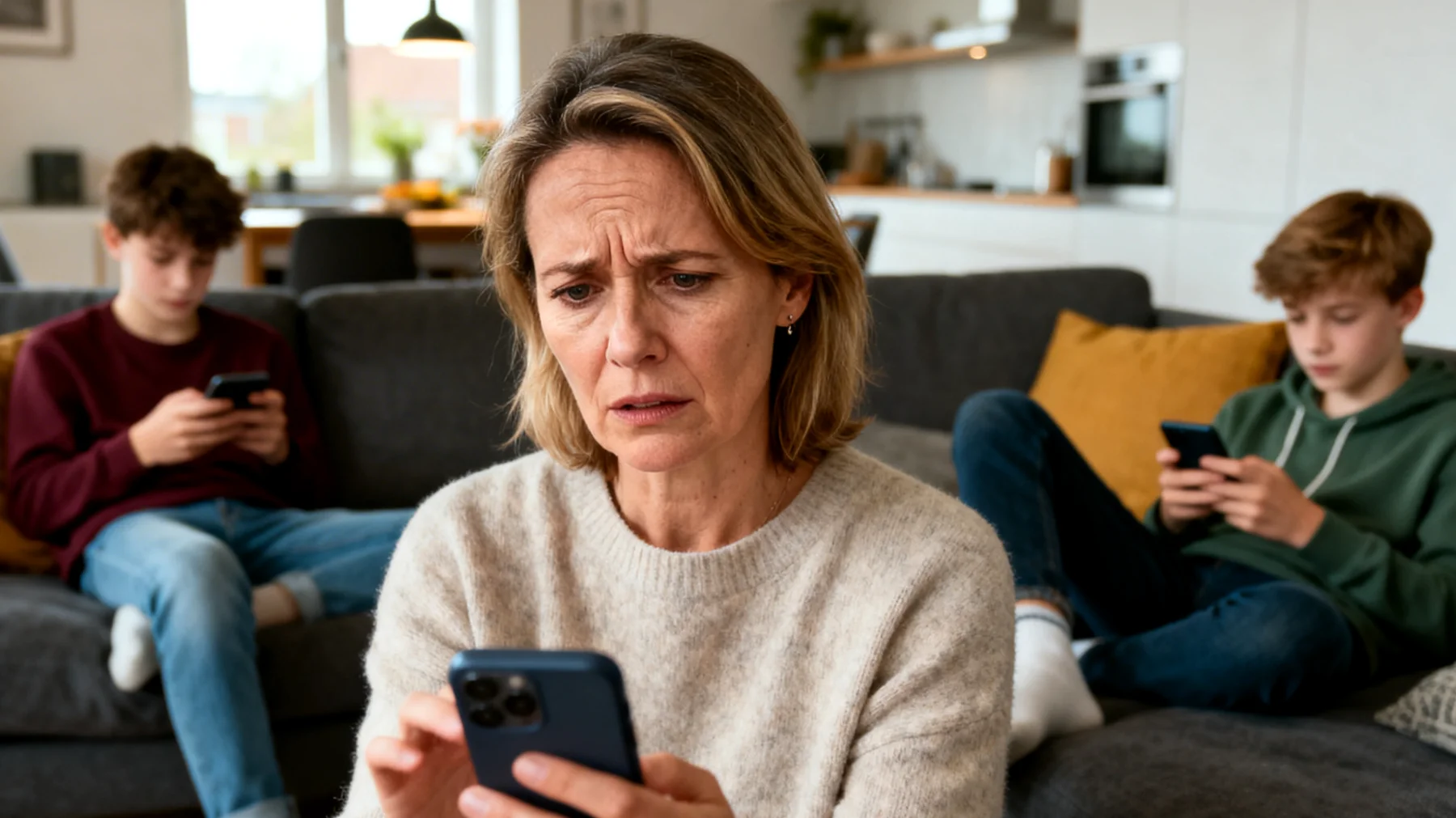 Een moeder die worstelt met het onjuiste of risicovolle gebruik van sociale media door haar adolescente kinderen, met zorgen over online veiligheid, privacy, cyberpesten, ongepaste content en de impact op hun welzijn en ontwikkeling."