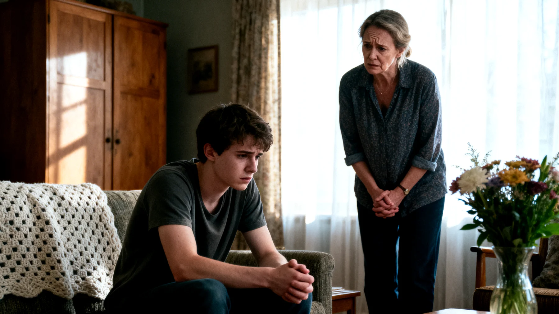 Een moeder worstelt met de overmatige afhankelijkheid van haar jongvolwassen kind, dat moeite heeft om zelfstandig beslissingen te nemen en emotioneel of praktisch te veel op haar leunt, waardoor de transitie naar volwassenheid wordt belemmerd."