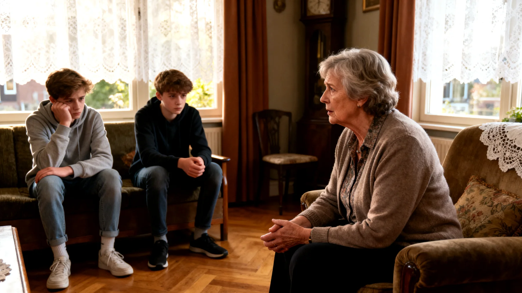 Oma ervaart moeilijkheden in het omgaan met adolescente kleinkinderen die moeite hebben met veranderingen in hun leven, zoals schoolwisseling, puberteit, gezinsveranderingen of nieuwe familiesituaties. De kleinkinderen tonen weerstand, angst of gedragsproblemen bij transities."