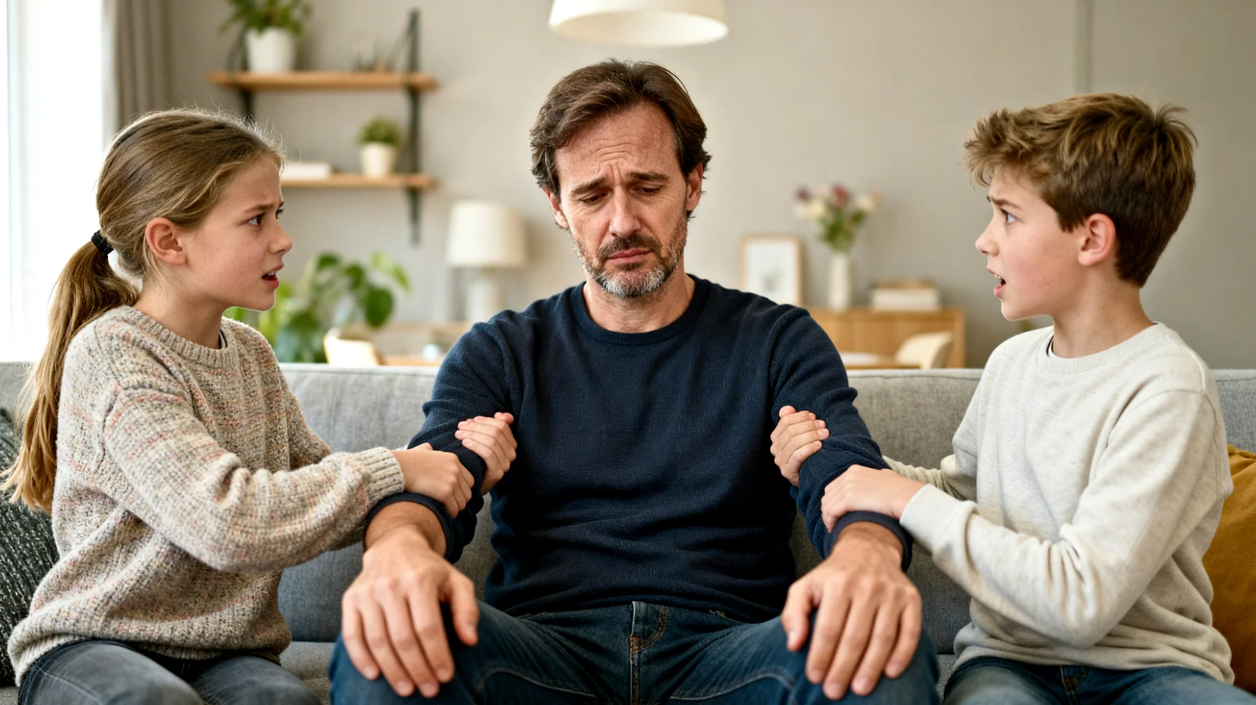 Jaloersheid en rivaliteit tussen kinderen: de vader worstelt met het beheren van conflicten, afgunst en competitie tussen broers en zussen, waarbij elk kind om aandacht strijdt en zich benadeeld voelt ten opzichte van de anderen."