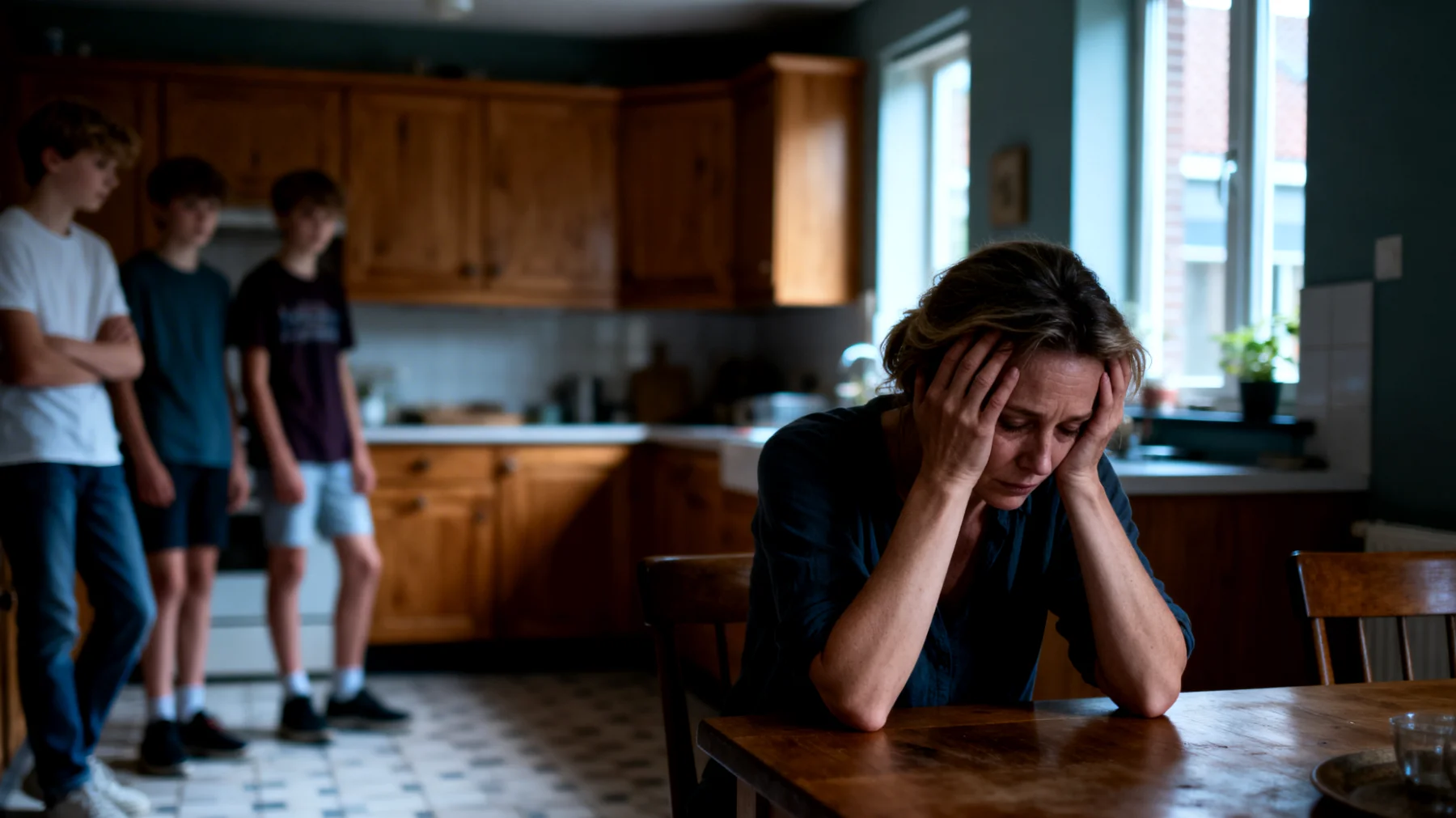 Een moeder die worstelt met chronische vermoeidheid en tijdgebrek in de relatie met haar adolescente kinderen, waardoor ze zich schuldig voelt en de kwaliteit van de opvoeding en onderlinge verbinding onder druk staat."